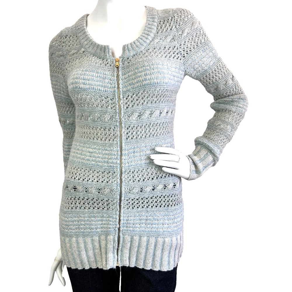 Anthropologie Pixie Dust Sweater Small S Blue Pastel Metallic Zip Cardigan Wool